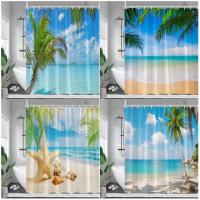 Seaside Beach Shower Curtains Island Coconut Trees Starfish Sea Waves Nature Ocean Scenery Bathroom Curtain Set Decor with Hooks