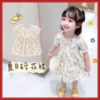 Ready Stock Cheap Korean Version Spring Summer Pure Cotton Girls Round Neck Floral Puff Sleeve One-Piece Dress Princess Fashionable Cute Childrens Skirt Small Vest Child