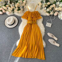 2021OCEANLOVE Woman Dress Pleated 2021 Solid Vintage Ruffles Sleeveless Sexy Femme Robes Korean Belt Sweet Vestidos A-line