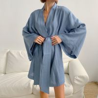 New 2023 Women Cotton Linen Irregular Full Sleeve Sleep Robe Soft Casual Pajamas Loose Robes With Belt Woman Sleepwear Homewear