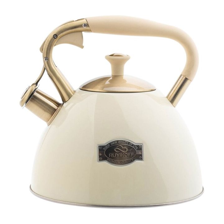 มีด้ามจับไม้กาน้ำชาเหล็กกล้าไร้สนิมกาน้ำชามีเสียงหวีด3ลิตรใช้ได้กับการเหนี่ยวนำเตาแก๊ส