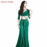 【hot】♈☼  Belly Performance Clothing for Bellydance Half Sleeves Top mesh Skirt 2pcs  Set Wear