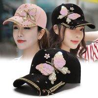 【Hot Sale】 Hat female spring and autumn butterfly sequins rhinestone hoop mercerized baseball cap fashion Korean version sunscreen sunshade peaked women