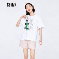 ➧Semir เสื้อยืดแขนสั้นของผู้หญิง,เสื้อยืดทรงหลวมลายตัวอักษรแนวหวานๆลายดอกไม้ความยาวปานกลางรุ่นใหม่ฤดูร้อนปี2022