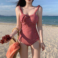 Red Bikini 2349 ชุดว่ายน้ำวันพีซสไตล์เกาหลี ลายสก็อตแดง มี 3ไซส์ มีฟองน้ำดันทรง women swimsuit