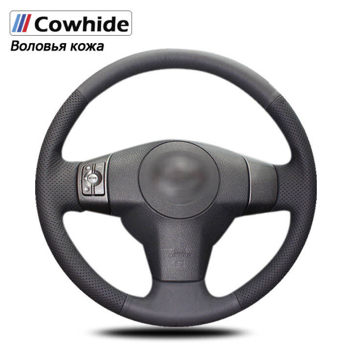 Handsewing Black Genuine Leather Steering Wheel Covers for Toyota Yaris