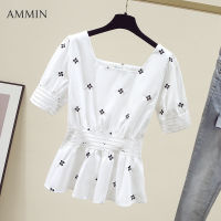 AMMIN Atasan Sifon ปักคอสี่เหลี่ยมแขนสั้นสำหรับผู้หญิง,ใหม่เสื้อเบลาส์รัดเอวเสื้อเชิ๊ตพิมพ์ลายแขนพองสุดชิคสำหรับฤดูร้อน2023