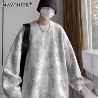 MAYCHEER เสื้อสเวตเตอร์ใหม่สำหรับผู้ชายพิมพ์ลายแจ็คเก็ตทรงหลวมแบบอเมริกันเสื้อลำลอง