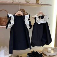 Girls Dress 2023 Summer New Fashion Black Dress Small Flying Sleeve Dress Or Contrast Bubble Skirt Princess Dress