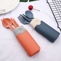 5Pcs Travel Cutlery with Portable Box Japan Style Wheat Straw Flatware Knife Fork Spoon Chopsticks Student Dinnerware Set Kitche Flatware Sets