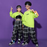 ⊕○ Hip Hop Girls Hoodies Loose Plaid Joggers Pants Boys Sweatshirt Street Dance Clothes Set Child Crop Top Streetwear Kids Costumes