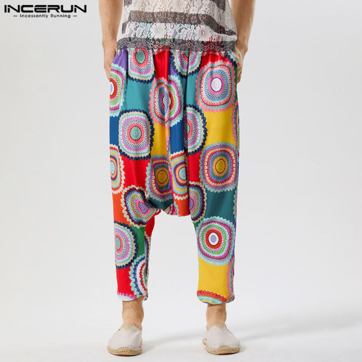 incerun-กางเกงผู้ชายทรงหลวมแนวกางเกงฮาเร็มแนวยิปซีกางเกงเป้าถ่วงโยคะ-สไตล์ตะวันตก
