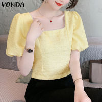 VONDA เสื้อเสื้อหนาแขนโคมไฟจับจีบทรงสี่เหลี่ยมสำหรับเดินทางธุรกิจหรูหราของผู้หญิง (ลำลองเกาหลี)