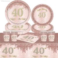 ● 8Guests Pink Rose Gold Disposable Tableware Cheer 40 Year Old Parti Plates Cups Queen Women Happy 40th Birthday Party Supplies