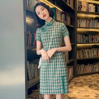 【CW】 Short Sleeve Cheongsam Knee Length Elegant Women Mandarin Collar Party Dress Sexy Summer Evening Qipao Button Vestido Size M 3XL