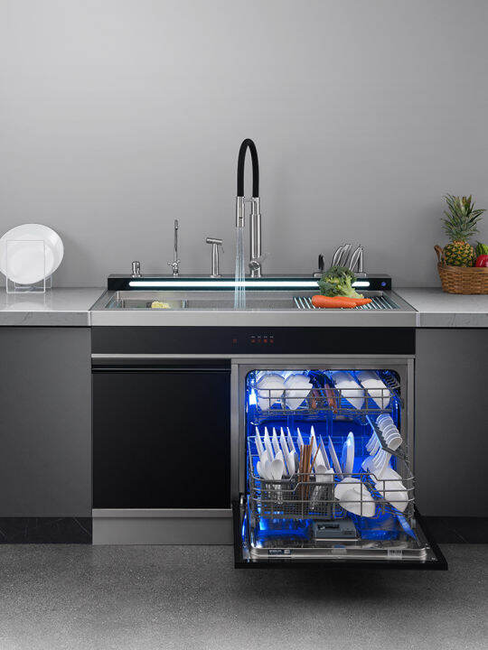 An integrated sink dishwasher integrated ultrasonic fruit and vegetable