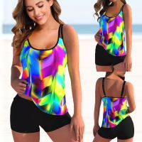 Bright Rainbow Pattern Casual Trend Vest Ladies Summer Travel Vacation Bikini Swimsuit Set S-6XL