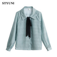 Striped shirt womens long-sleeved 2022 spring new style Korean fashion bow tie lapel loose casual single-breasted chiffon top