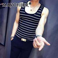 MAYCHEER เสื้อกั๊กผู้ชายสำหรับระบายอากาศสำหรับฤดูร้อนวัยรุ่นรัดรูปฉบับภาษาเกาหลีแบบเสื้อยืดแขนกุดเสื้อกั๊กลายทาง