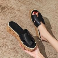 2023 her.mesˉEuropean and American new style h slippers womens summer slope heels to go out slippers shoes leather muffin bottom beach open-toed sandals