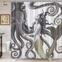 Mermaid Octopus Bath Curtain ชุดนามธรรมทะเลแฟนตาซีสัตว์หนวดเต่าอาบน้ำม่านตกแต่งห้องน้ำ 180 * 180 ซม