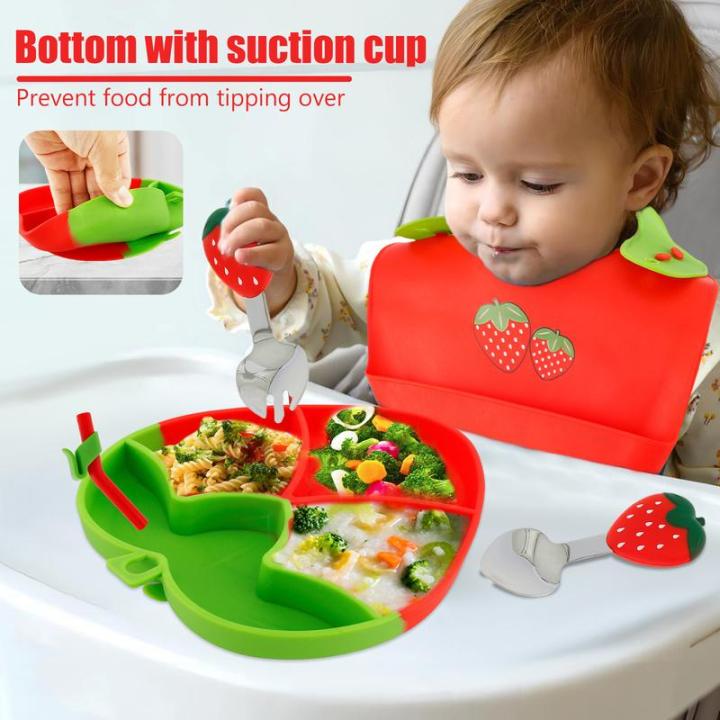 6ชิ้นชุดอุปกรณ์ป้อนอาหารซิลิโคนชุดให้อาหารทารกสตรอเบอร์รี่ชุดเครื่องใช้บนโต๊ะอาหารเด็กน่ารักสำหรับเด็กทารกชุดหย่านม-led-พร้อมผ้ากันเปื้อนชุดเครื่องใช้บนโต๊ะอาหารเด็กชุดเครื่องใช้บนโต๊ะอาหารเด็กสำหรับใ