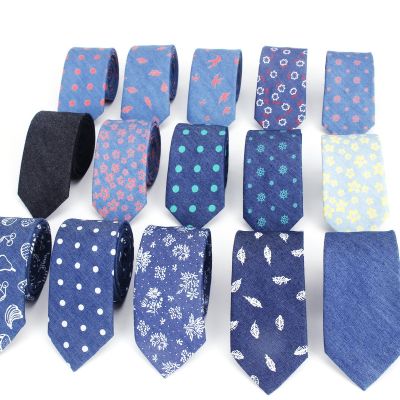 Cotton Denim Ties Men 39;s Blue Solid Color Tie Narrow 6cm Width Necktie Slim Skinny Cravate Narrow Flower Dot Business Neckties