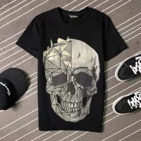 เสื้อยืดผู้ชายเสื้อผ้า Skull Rhinestone Street สวมฤดูร้อนเทรนด์ใหม่ผ้าฝ้าย Hip Hop Causal Tops แฟชั่นยอดนิยม Tees