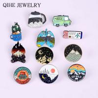 【CW】 Outdoors Adventure Enamel Pins Hiking Brooches Collection Bus Mountain Camping Firewood Explore Badges