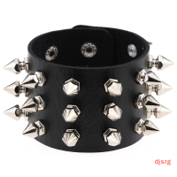 djsrg Three ROW rivet STUD ข้อมือกว้าง PU หนังพังก์โกธิคสร้อยข้อมือสร้อยข้อมือของขวัญ