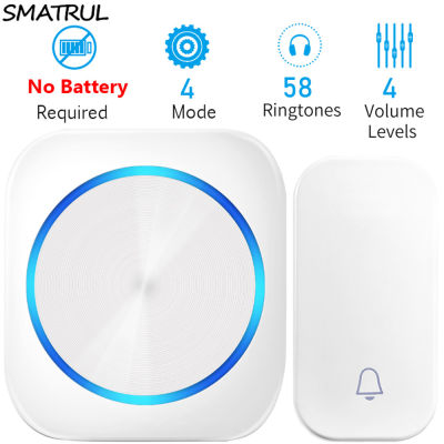 SMATRUL Self-Powered Wireless Doorbell No Battery Waterproof 150M Remote EU Plug Door Bell Chime 1Button 2Receiver 58 Music