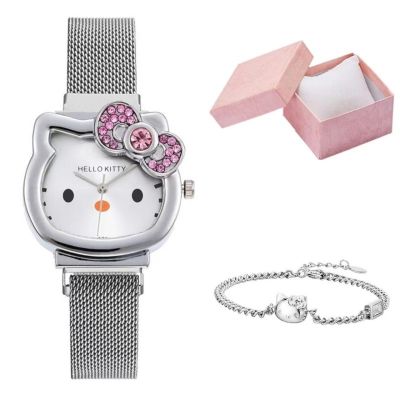 【July】 rhinestone kt cat quartz watch female student hot girl soil cool mesh adjustment belt pointer