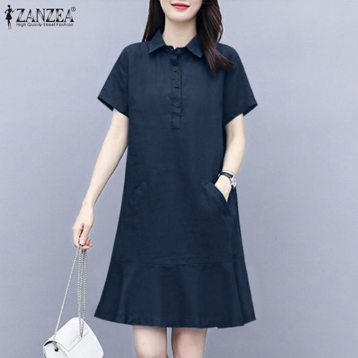 จัดส่งฟรี-fancystyle-zanzea-เสื้อสไตล์เกาหลีของผู้หญิงปกพับลงผ้าฝ้ายชุดเดรสฟูย้อนยุค-8