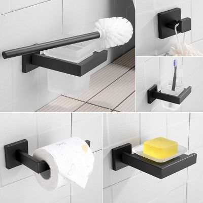 Matte Black Bathroom Accessories Stainless Steel Soap Holder Paper Holder Hook Tooth Brush Holder Wall Mount Toilet Brush Holder