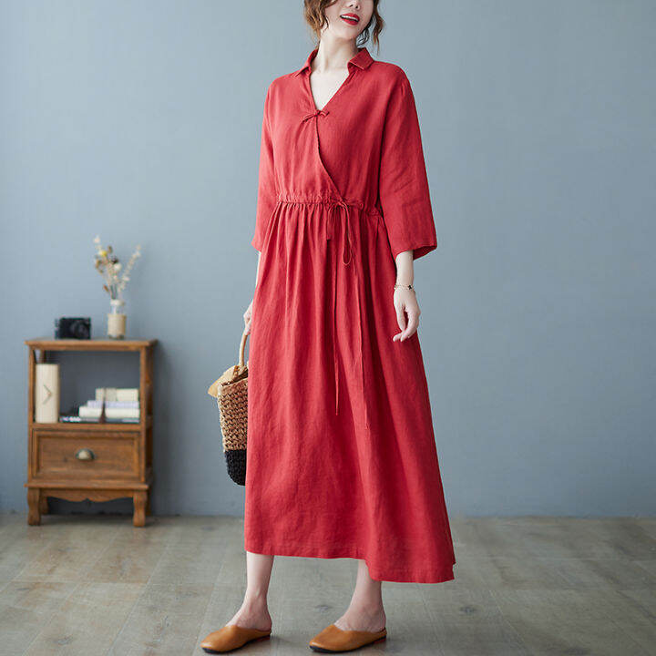 new-arrival-cotton-linen-half-sleeve-fashion-women-casual-midi-spring-summer-dress-draw-string-office-lady-work-dress