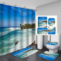 Coastal Beach Scenery 3D Printing Waterproof Shower Curtain Pedestal Rug Lid Toilet Cover Mat Bathroom Set with 12 Hooks