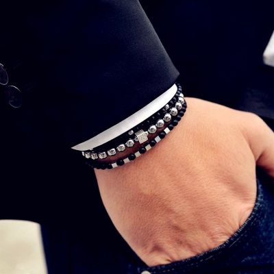 3 Pcs/set Fashion Cube Bead Bracelet Men Matte Black Stone Bead Bracelet Sets For Men Jewelry Gift