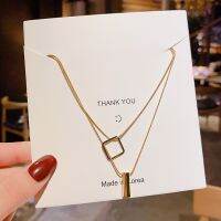 [COD] European and personality double-layer geometric titanium steel necklace womens light luxury niche design sense square cylinder pendant sweater chain