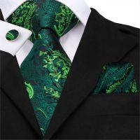 Men Green Ties Floral Tie Paisley Silk Necktie Pocket Square Set for Party Business Emerald Ties Gift Wholesale Hi-Tie SN-3206