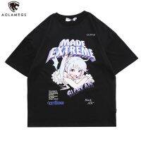 AolamegsMens Cartoon Print T-shirt Loose And Cozy Style Male Streetwear 100% Cotton Gildan