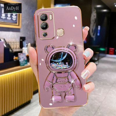 AnDyH Phone Case infinix Hot 12 Play/Hot 12 Play NFC/X6816C/X6816/X6816D/X6817/Hot 12i/X665B/X665 6DStraight Edge Plating+Quicksand Astronauts Bracket Soft Luxury High Quality New Protection Design