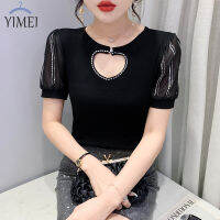 YIMEI เสื้อยืดผู้หญิงประดับเพชรสุดฮอตเสื้อยืดผู้หญิงสีดำพอดีบางใหม่สำหรับฤดูร้อน2023แฟชั่นเสื้อยืดลายรักลายฉลุสำหรับผู้หญิง