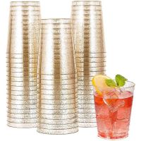 100X Clear Plastic Cups, Gold Glitter Plastic Tumblers Reusable Drink Cups Party Wine Glasses