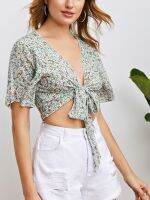 New Product Sweet Floral Printed Crop Tops Short Sleeve V-Neck Front Tie-Up Slim Wild Summer Women Ladies Street Style Shirt Tops