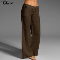 Vintage Womens Linen Pants Long Palazzo 2023 Celmia Casual Loose Wide Leg Trousers Elastic Waist Female Trousers Pantalon Femme