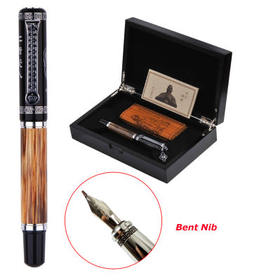 Duke Classic Confucius ไม้ไผ่ธรรมชาติโลหะ Embossed รูปแบบ Bent Nib การประดิษฐ์ตัวอักษร Fountain ปากกา Iridium 1.2มม. สำหรับสำนักงานของขวัญ