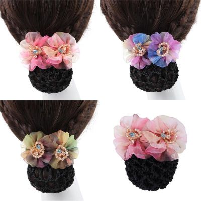 Elegant Professional Hairnet Staff Hair Ornaments Crystal Flower Tulle Hairpin Headdress Flower