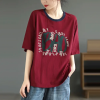 Women Casual Summer T-Shirts Print Letter O-Neck Short Sleeve Cotton Tees New Solid Color Women T-Shirts Oversized