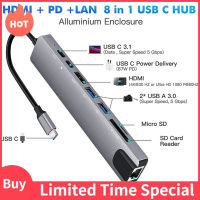 ฮับ USB 8-In-1ตัวแปลงแบบหลายพอร์ตอะแดปเตอร์3.1-4K RJ45ตัวอ่านบัตร TF PD ชาร์จเร็วใช้ได้กับ MacBook