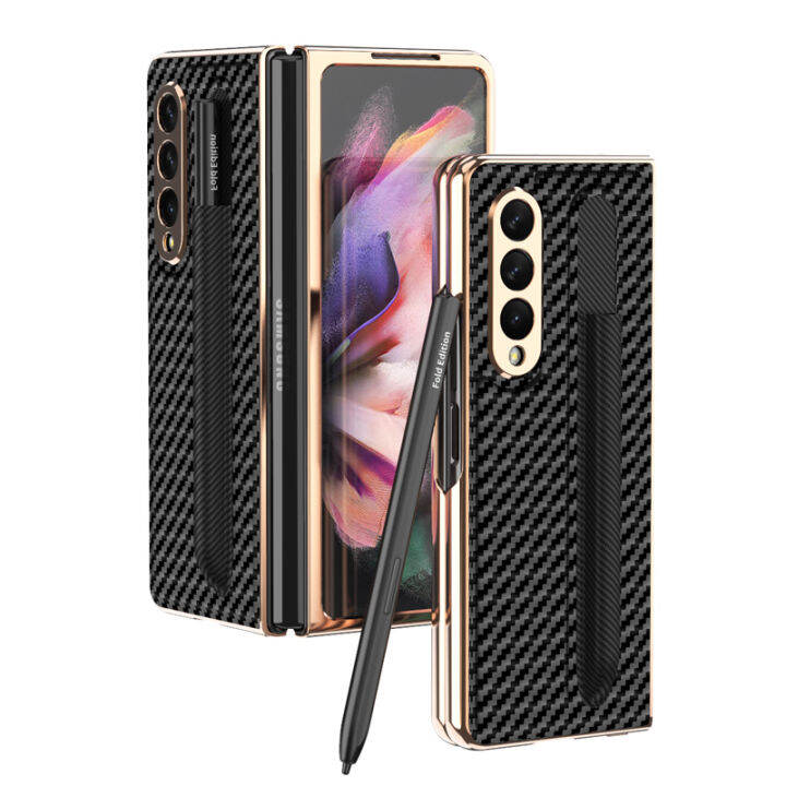 carbon-fiber-s-pen-slot-plating-phone-case-for-samsung-galaxy-z-fold-3-5g-stylus-pen-socket-shockproof-cover-for-galaxy-z-fold3